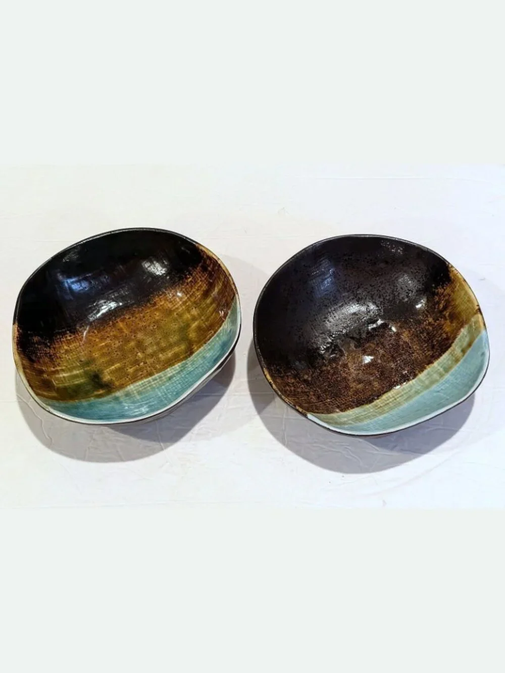RARE Pier 1 Cassidy Set of 2 Bowls Asymmetrical Blue Brown Soup Salad Pasta